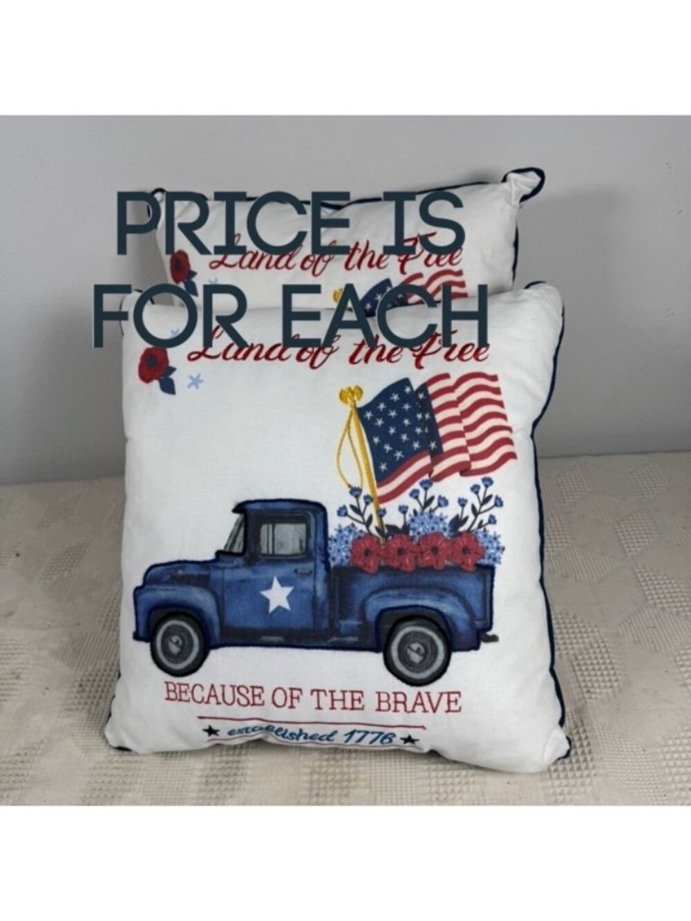 Land Of The Free Patriotic Throw Pillow w Vintage Truck 16 Inch Overstuffed